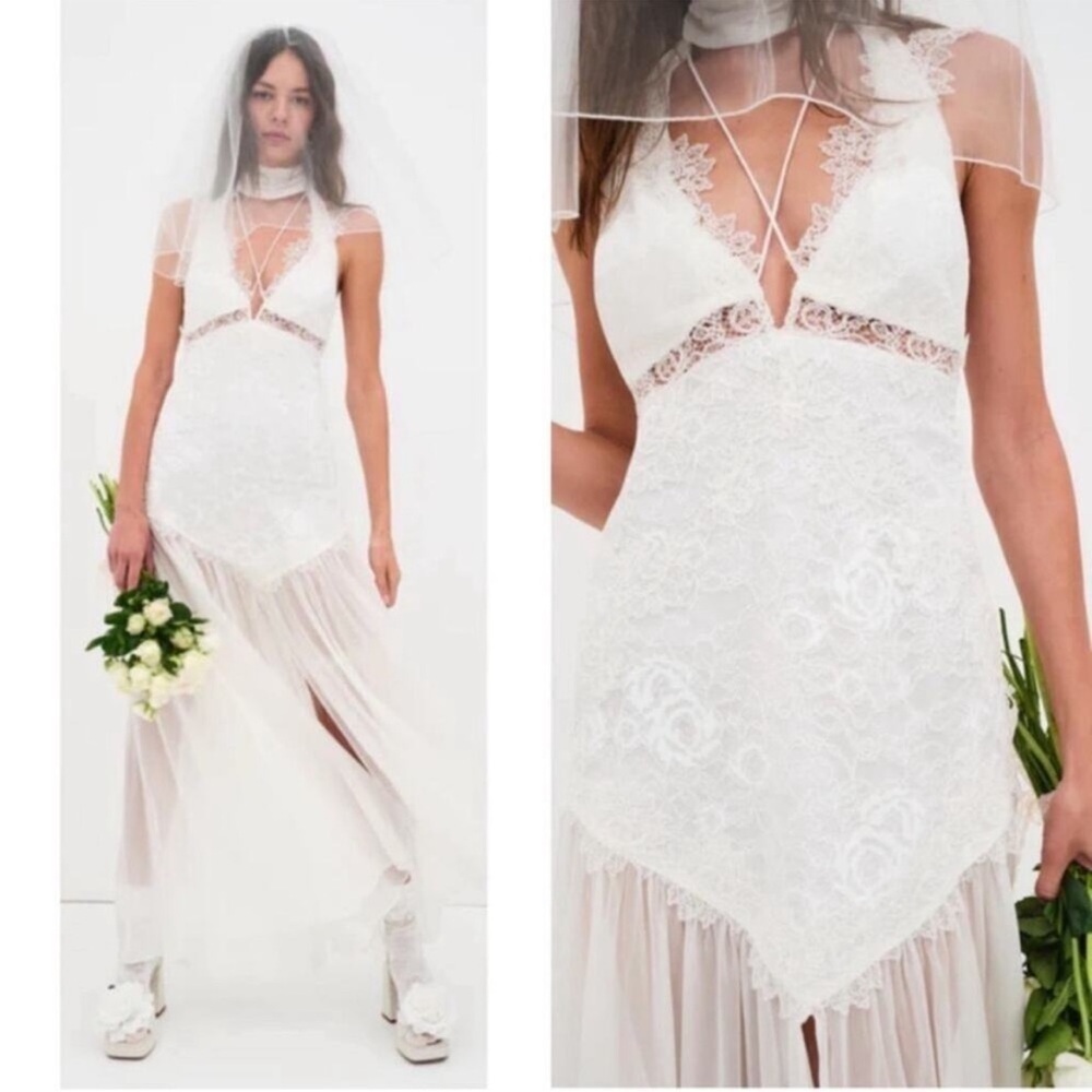 NWT For Love & Lemons Nicola High Neck Lace White Maxi Wedding Gown Sz S